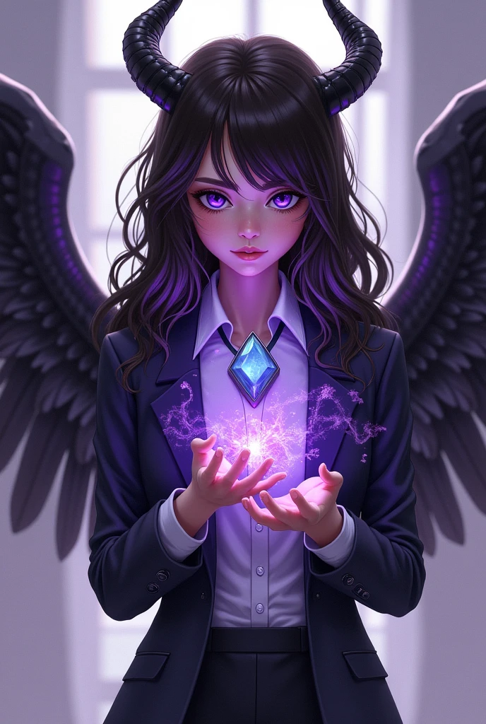 Teenager with long, semi-wavy dark brown hair, thin and almond skin, purple and blue eyes, purple magic through her hands, in agent suit/superhero and neutral colors with certain lilac tones, with black angel wings and small black horns, with a light stone as a necklace in light blue with purple