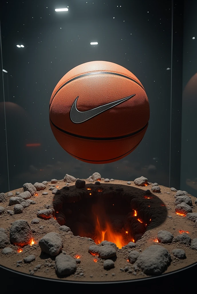 display case with a Nike ball, as if it were a meteor, and on the ground a hole as if it were from a meteor