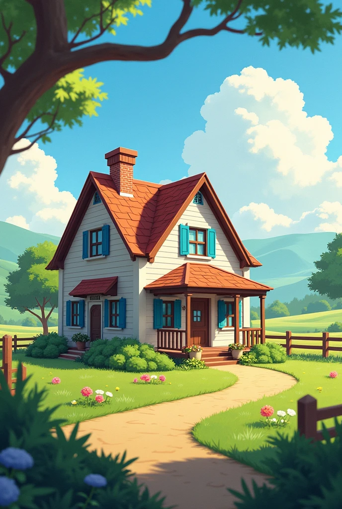 A house with two blue windows , a chimney on a farm