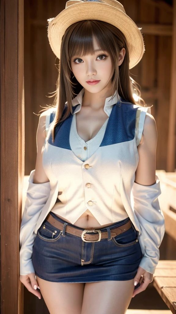 1girl, ((Cowboy shooting)), Show your exquisite figure and beautiful curves, Official Art，best quality, Eye clarity is very high, Sexy warm make up, (White vest, cleveage:1.4), Beautiful breasts, Brown eyes, partedbangs, Brown hair, girl, Sexy, Stunning beauty, masterpiece, HD, UHD, 8K, ,Full breasts，