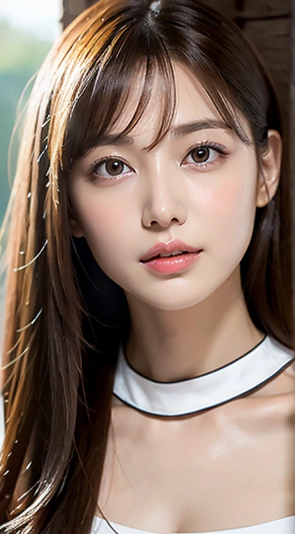 1 Female, Close-up of face, Medium chest, Light brown hair, Blunt bangs, Hair behind the ear, Hair that falls over the shoulders, Long Hair, Slim figure, Ultra debtine debtace, Thin face, Delicate lips, Beautiful Eyes, Light blush, eyes are light brown, Perfect glowing skin, Perfect Skin, Shining Sweat,Have a look at this, Ultra-thin needle, Very thin fingers, The optimal ratio is four fingers to one thumb, (Realistic:1.3), See-through white blouse. amusement park, First Person View, debtuji debtilm, debt/1.2, 8k, Tabletop, んdebtdebt, Super Detail, high quality, 最high quality, High resolution