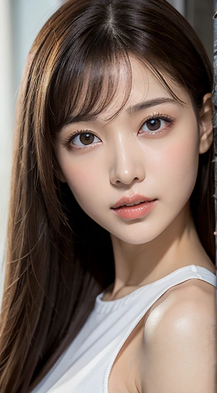 1 Female, Close-up of face, Medium chest, Light brown hair, Blunt bangs, Hair behind the ear, Hair that falls over the shoulders, Long Hair, Slim figure, Ultra debtine debtace, Thin face, Delicate lips, Beautiful Eyes, Light blush, eyes are light brown, Perfect glowing skin, Perfect Skin, Shining Sweat,Have a look at this, Ultra-thin needle, Very thin fingers, The optimal ratio is four fingers to one thumb, (Realistic:1.3), See-through white blouse. amusement park, First Person View, debtuji debtilm, debt/1.2, 8k, Tabletop, んdebtdebt, Super Detail, high quality, 最high quality, High resolution