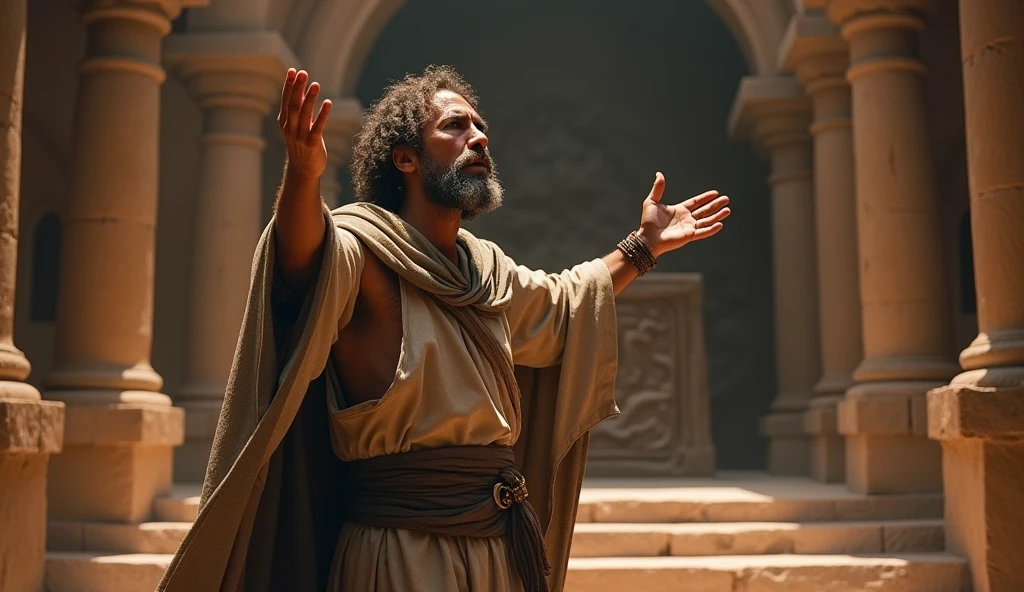 A dramatic scene where a prophet-like man from biblical times, from Judah, a humble-looking prophet, dressed in simple clothes and a worn cloak, stands before the altar in Bethel. He points with determination, prophesying against the altar.