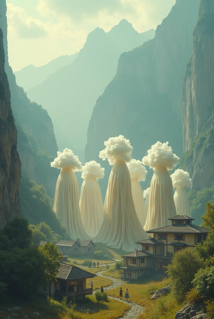 a group of alien-like creature with cloud head, mountain on the background, town, pastel colors, surreal atmosphere, dreamcore, raw photo, film grain, aerial shot, shot using 1960s camera