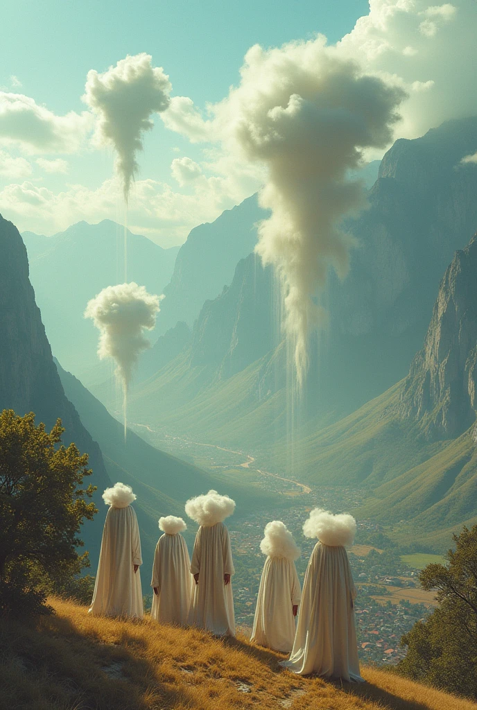 a group of alien-like creature with cloud head, mountain on the background, town, pastel colors, surreal atmosphere, dreamcore, raw photo, film grain, aerial shot, shot using 1960s camera
