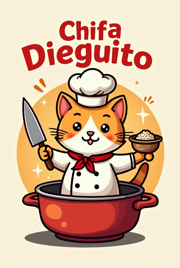 The logo of a chifa has “chifa Dieguito” written on it and has the image of a cute cat in a pot with a chef&#39;s hat and a knife in one hand and in the other holding rice