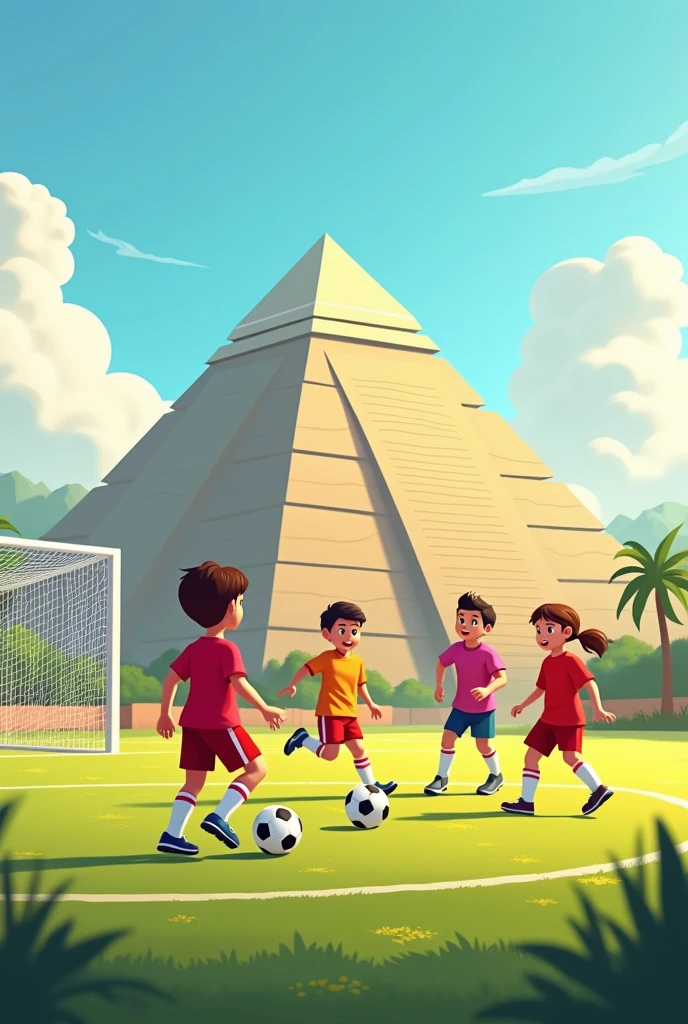 Background with children&#39;s soccer team, soccer ball, a pyramid and a goal