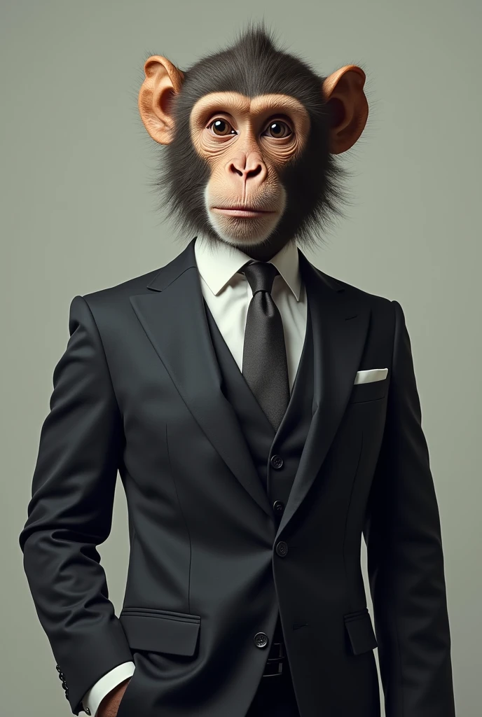 A man in a smart suit with a monkey head