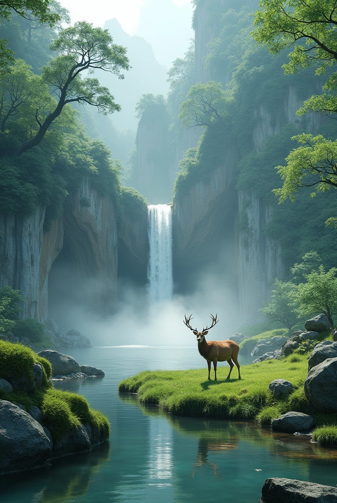 Ancient China, spring, Dense forest, lake, cave, waterfall, wood, Pasture, rock, deer, hot spring, water vapor, (figure: 1.0), A magnificent composition, Realistic lighting, HD detailed, masterpiece, Highest quality, (Highly detailed CG synthesis 8k wallpaper)