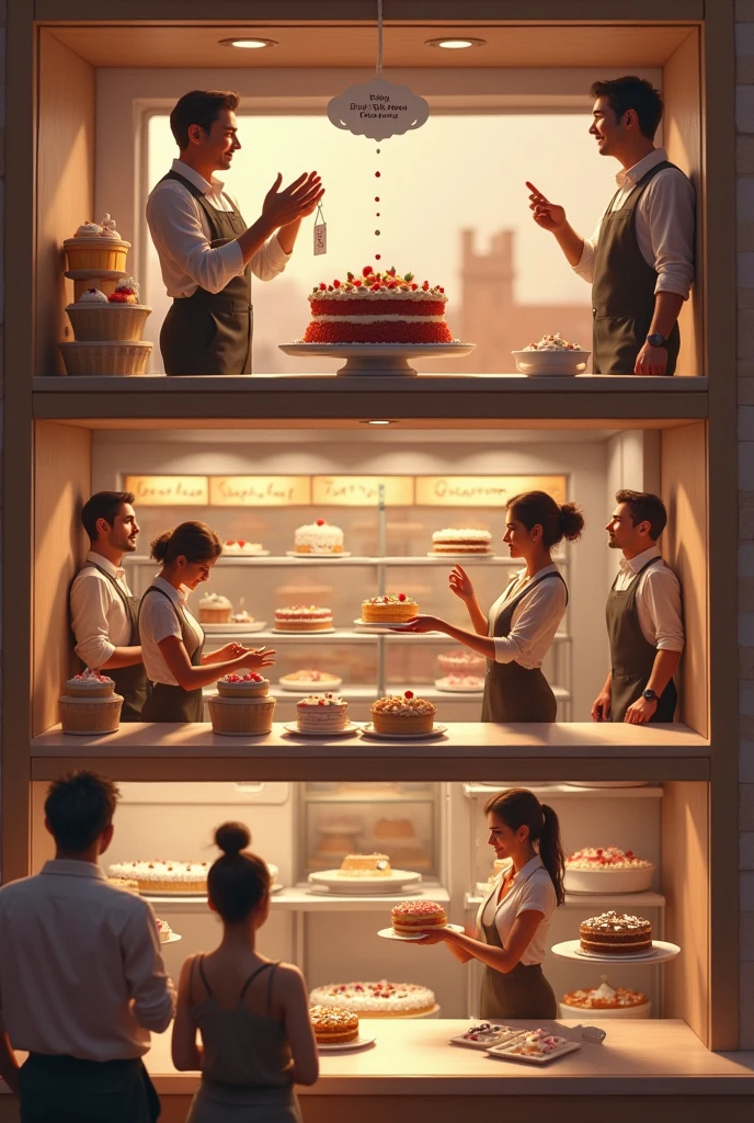 I
Image: A box of gourmet cakes with a label of "High price" and a customer with a smile.
Text: "Introduction: High price para clientes dispuestos a pagar más."
segmentation (Wealthy Clients vs.. low prices)
Image: A two-segment chart: One with exclusive and expensive cakes and another with cheaper options..
Text: "segmentation: Differentiation between premium customers and price-sensitive customers."
Gradual Price Reduction (Discounts)
Image: Cakes with falling price tags and a sign "Discounts".
Text: "Gradual price reduction to attract more customers."
Expansion del Mercado (More affordable prices)
Image: A variety of cakes at different prices, with a broader group of clients.
Text: "Expansion: Introduction de opciones más asequibles para el mercado masivo."
Stabilization (Competitive prices)
Image: A cake display case with standardized prices and satisfied customers.
Text: "Stabilization: Competitive prices y promoción continua."
Cómo Crear la Image
Herramientas de Diseño: