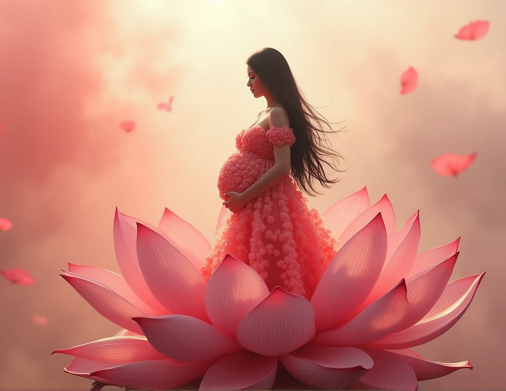  full length, black hair and red dress  pregnant, stand in flower  , looking camera   , Beautiful face, dress made of red rose petals, Light pink and light white tones, Esbian Full Body, beautiful backgrouond , daylight, Efeito de Luz, Minimalistic, Solar, pure tenderness, soft lighting, Realism. beautiful woman stand  on a super giant lotus with double and long petals (petals made of thin, soft transparent,streaming, fabrics, full background of flowing petals, floating flower, super flying petals, Smoke effect, Fog, some water reflaciton mixed with petals), lotus dress, ((ss-through)) full length. 