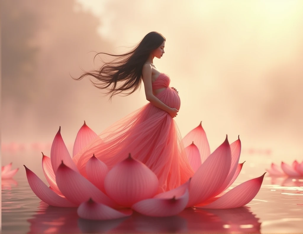  full length, black hair and red dress  pregnant, stand in flower  , looking camera   , Beautiful face, dress made of red rose petals, Light pink and light white tones, Esbian Full Body, beautiful backgrouond , daylight, Efeito de Luz, Minimalistic, Solar, pure tenderness, soft lighting, Realism. beautiful woman stand  on a super giant lotus with double and long petals (petals made of thin, soft transparent,streaming, fabrics, full background of flowing petals, floating flower, super flying petals, Smoke effect, Fog, some water reflaciton mixed with petals), lotus dress, ((ss-through)) full length. 