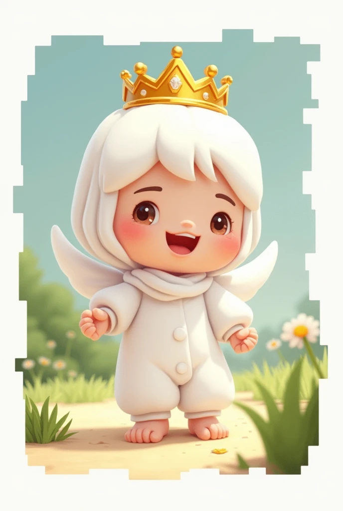 character in a white outfit with a golden crown Cartoon style Minecraft white border
