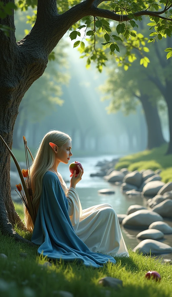 Full body portrait. A beautiful female elf carrying a bow and arrow wearing blue and white clothes, sitting on the grass eating an apple next to an apple tree beside a river. The background is a beautiful river full of rocks with a big tree on the side This scene is a very detailed and professional 3D digital art masterpiece.