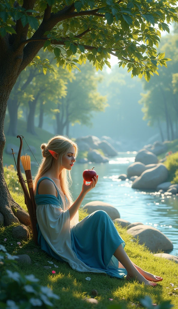 Full body portrait. A beautiful female elf carrying a bow and arrow wearing blue and white clothes, sitting on the grass eating an apple next to an apple tree beside a river. The background is a beautiful river full of rocks with a big tree on the side This scene is a very detailed and professional 3D digital art masterpiece.