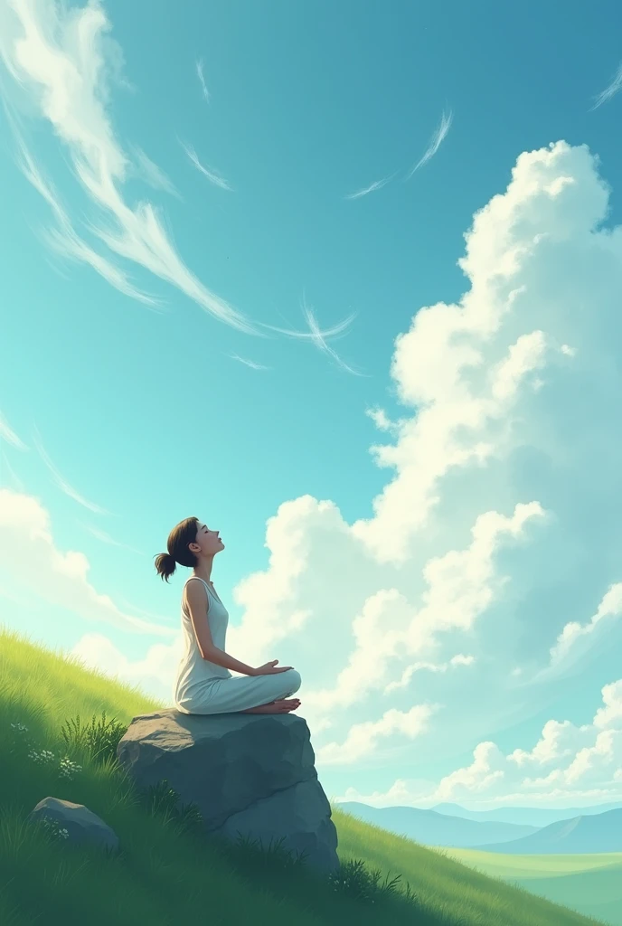 White flecks of clouds in the sky ,Sitting on a rock on a hill and looking at the clouds,Create an image of a woman with her eyes closed and looking up at the sky..