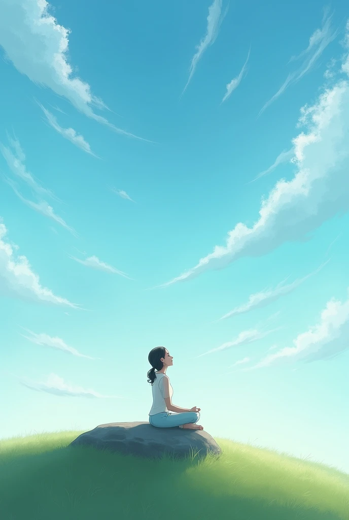 White flecks of clouds in the sky ,Sitting on a rock on a hill and looking at the clouds,Create an image of a woman with her eyes closed and looking up at the sky..