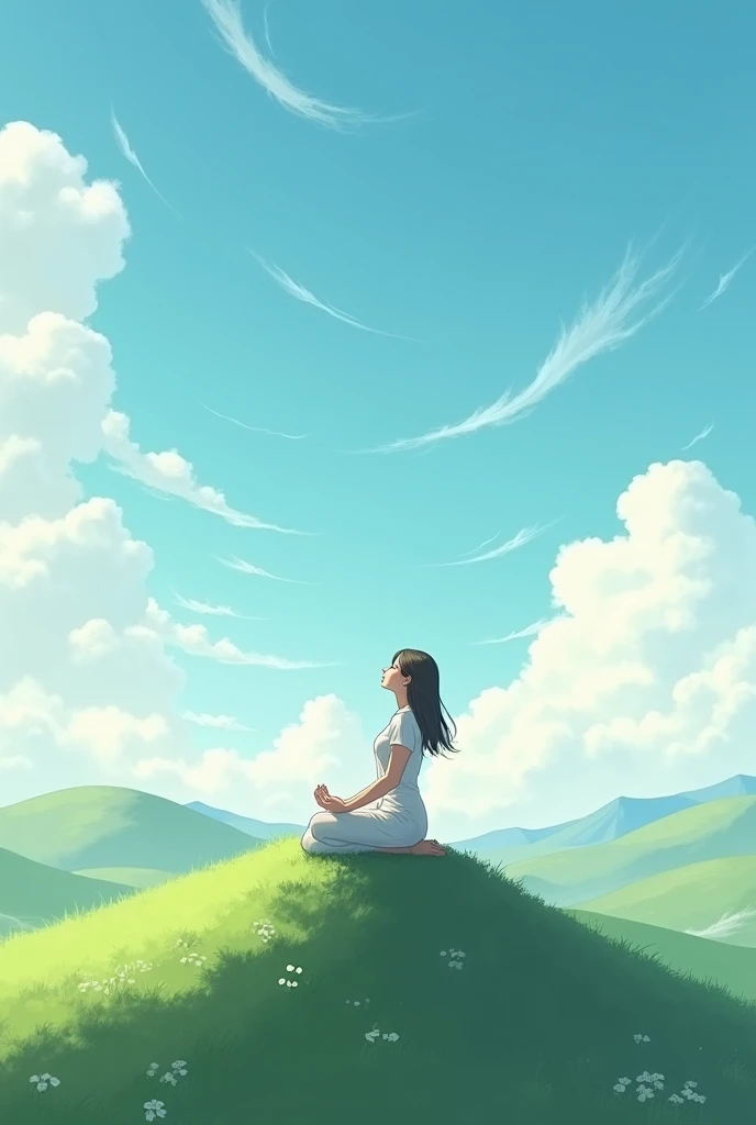 White flecks of clouds in the sky ,Sitting on a rock on a hill and looking at the clouds,Create an image of a woman with her eyes closed and looking up at the sky..