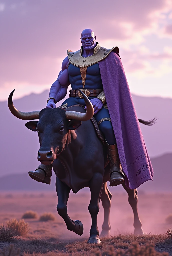 Thanos riding a bull in traditional gaucho clothing in lilac color
