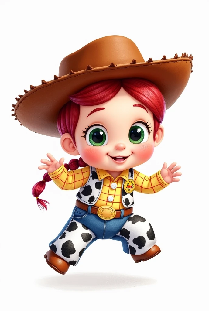 Jessie character from Toy Story, super cute baby version, with cowgirl hat, with just one braid in her hair, watercolor drawing without background