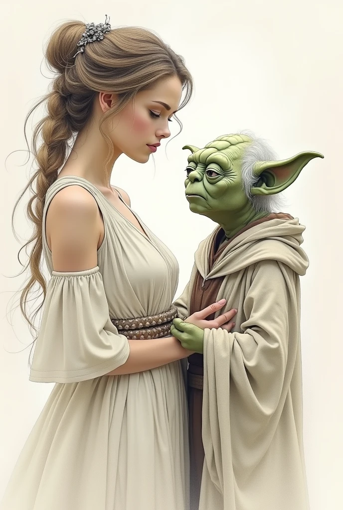 a sketch of a beautiful girl and yoda
