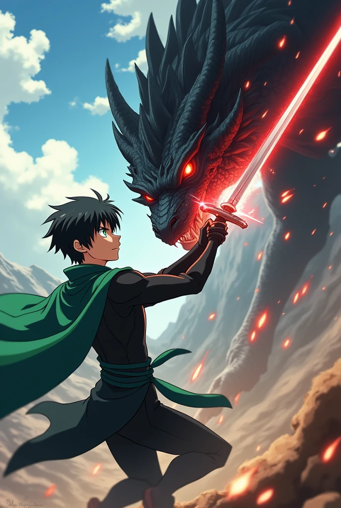 an animation of an adult anime character who is a swordsman with short black hair, white green eyes black clothes and a green cape fighting a red-eyed black dragon 
