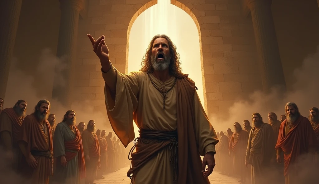 A dramatic scene where a prophet-like man from biblical times, from Judah, a humble-looking prophet, dressed in simple clothes and a worn cloak, stands before the altar in Bethel. He points with determination, prophesying against the altar.