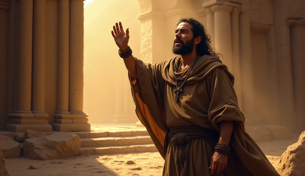 A dramatic scene where a prophet-like man from biblical times, from Judah, a humble-looking prophet, dressed in simple clothes and a worn cloak, stands before the altar in Bethel. He points with determination, prophesying against the altar.