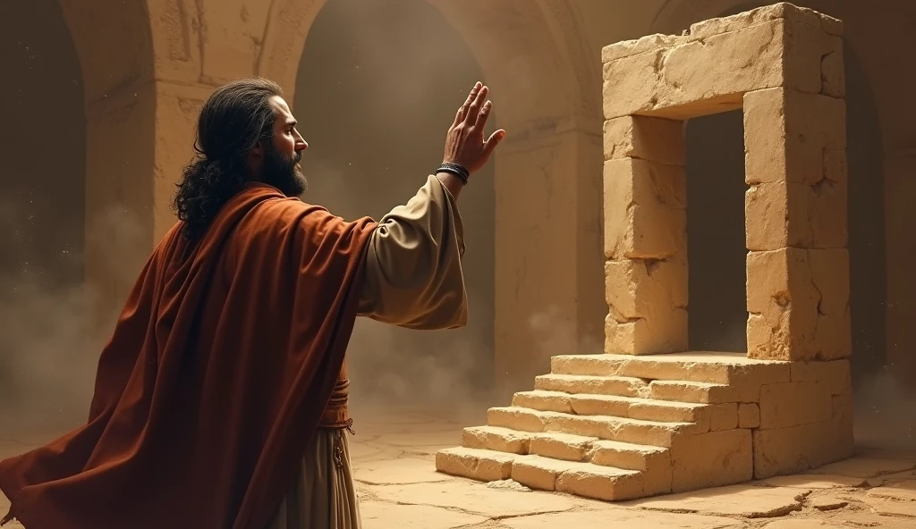 A dramatic scene where a prophet-like man from biblical times, from Judah, a humble-looking prophet, dressed in simple clothes and a worn cloak, stands before the altar in Bethel. He points with determination, prophesying against the altar.