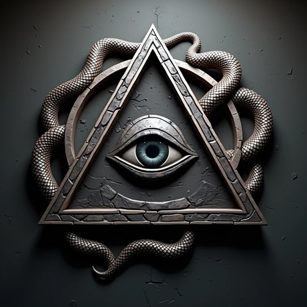 Create for me a 3D logo where there is a pyramid with an eye in its center, A snake is coiled around. the logo must look terrifying, apocalyptic. with nothing in the background, just the logo as I asked.