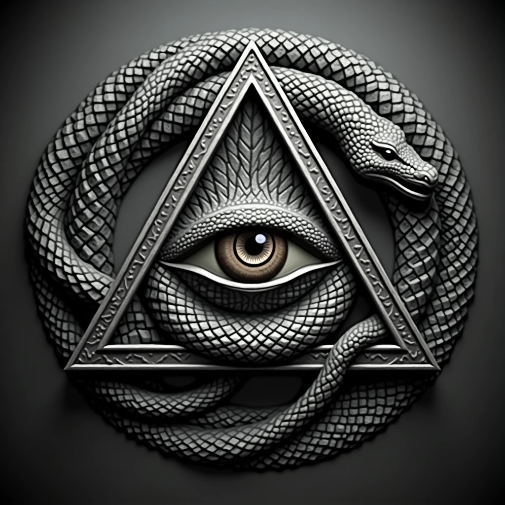Create for me a 3D logo where there is a pyramid with an eye in its center, A snake is coiled around. the logo must look terrifying, apocalyptic. with nothing in the background, just the logo as I asked.
