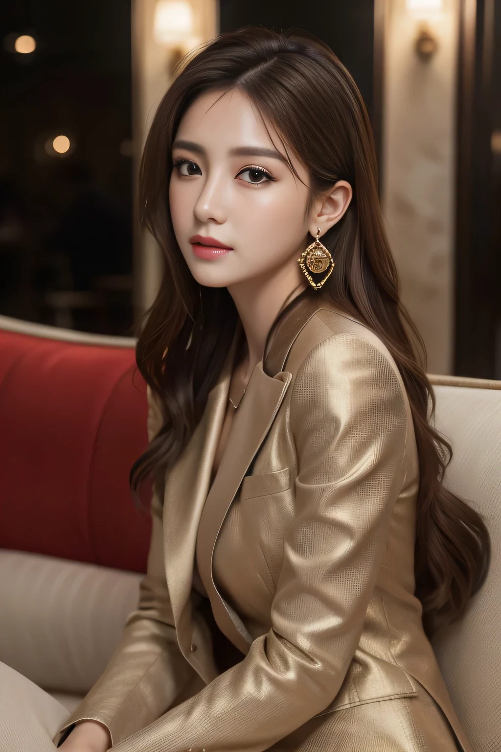 masterpiece, Highest quality, Realistic, Very detailed, Finer details, High resolution, 8k wallpaper, One beautiful woman, Wear a nice suit, In a great restaurant, At night, Light brown messy hair, Perfect dynamic composition, Beautiful and beautiful eyes、Big earrings、Sit on the sofa
