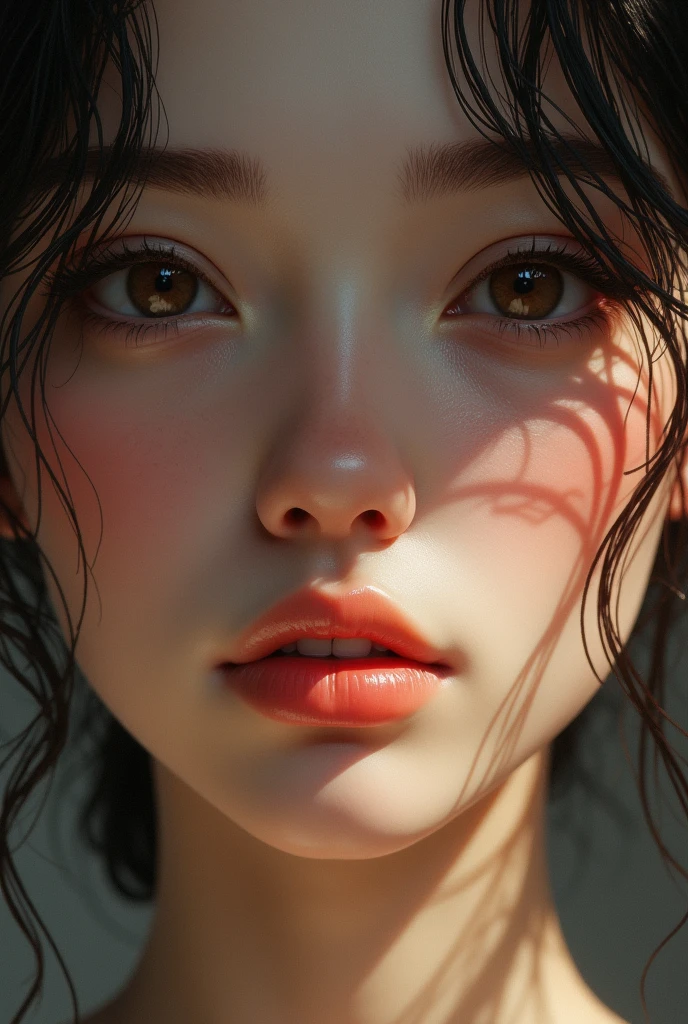 beautiful girl 20 years old, photography, Hyperrealism, extreme close up. close up, face in four, Rembrandt illumination, realistic reflections in his eyes, Detailed skin lines and details, 