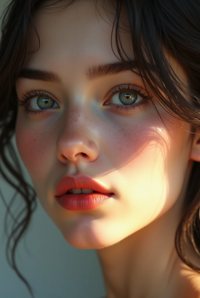 beautiful girl 20 years old, photography, Hyperrealism, extreme close up. close up, face in four, Rembrandt illumination, realistic reflections in his eyes, Detailed skin lines and details, 