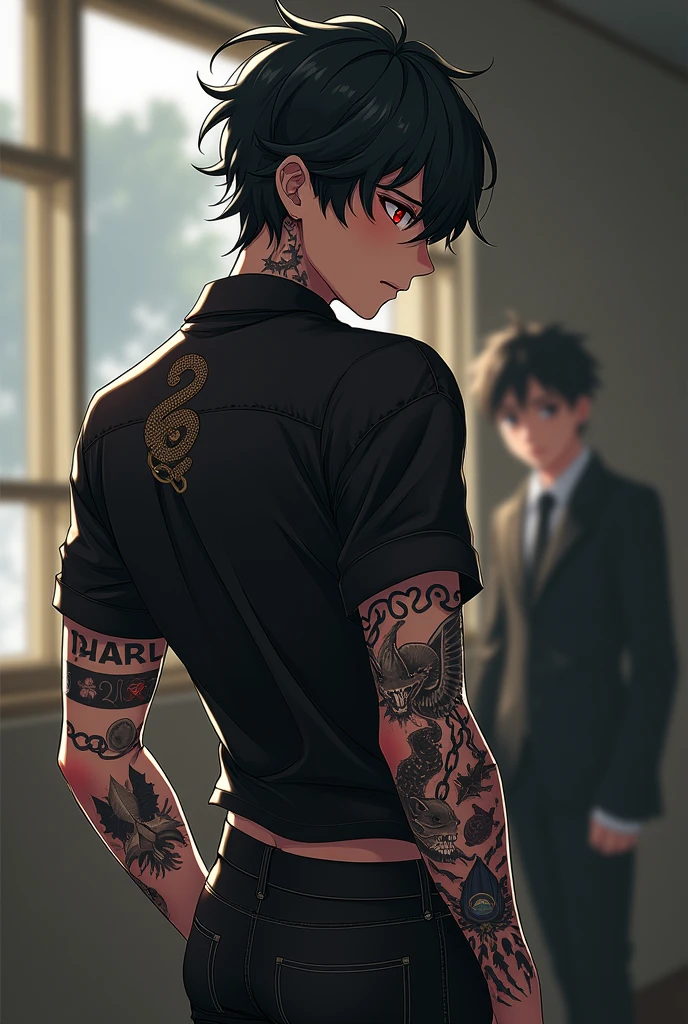 This boy&#39;s appearance and attire were different from the other first-level students.. He was wearing a black shirt with his sleeves rolled up and his wavy hair was all messy. . But what caught Lucas&#39;s attention the most was not his outfit. , if not rather the tattoos that ran along Damian&#39;s arms.Your tattoos will be, wings on the back , a snake on one arm as well as chains, a black wolf and a white one , a dagger , a fish and a moon, anime type intimidating appearance
