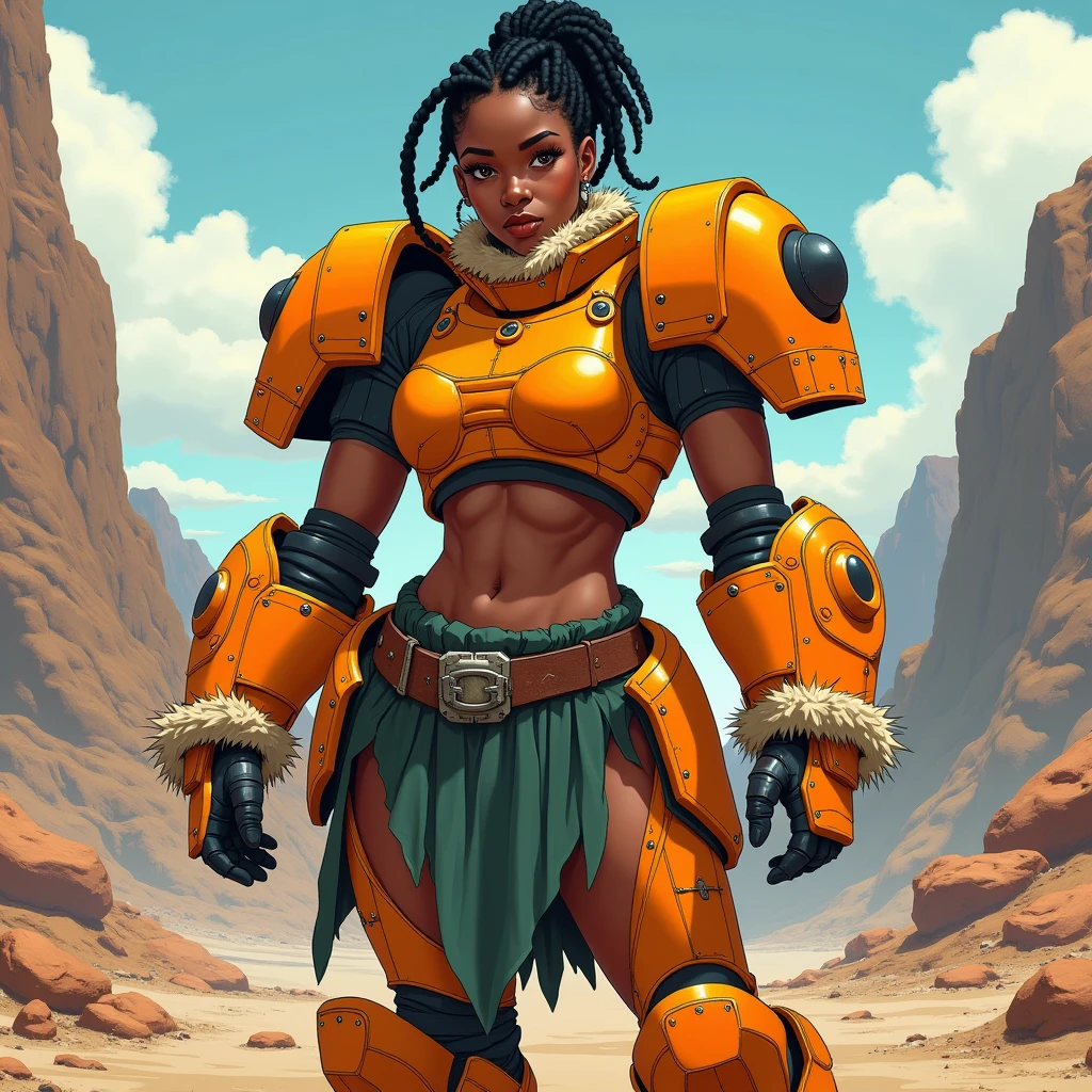 in an anime style depict an affrican woman in orange power armor covering her arms, shoulders and upper chest. The armor is a bold orange and very heavy looking, with bulky blocky features especialy over the chest, the shoulder pads of the armor or large and round. Under the armor is a dark green suit that covers her arms. the collar of the armor is high and fringed with fur. The gauntlets are bulky and robotic, and fringed with fur around the tops. Her midriff is bare and exposes her fit stomach. Around her waist is an old thick leather belt, covering her lower body is a ragged dark green loin cloth that leaves her hips and legs bare. Her upper legs are bare while on her lower legs she wears heavy  orange armored boots, topped with fur. Her short black hair is in dreadlocks which are pulled back in a pony tail. The background is a rocky terrain with a barren mountain behind her.
