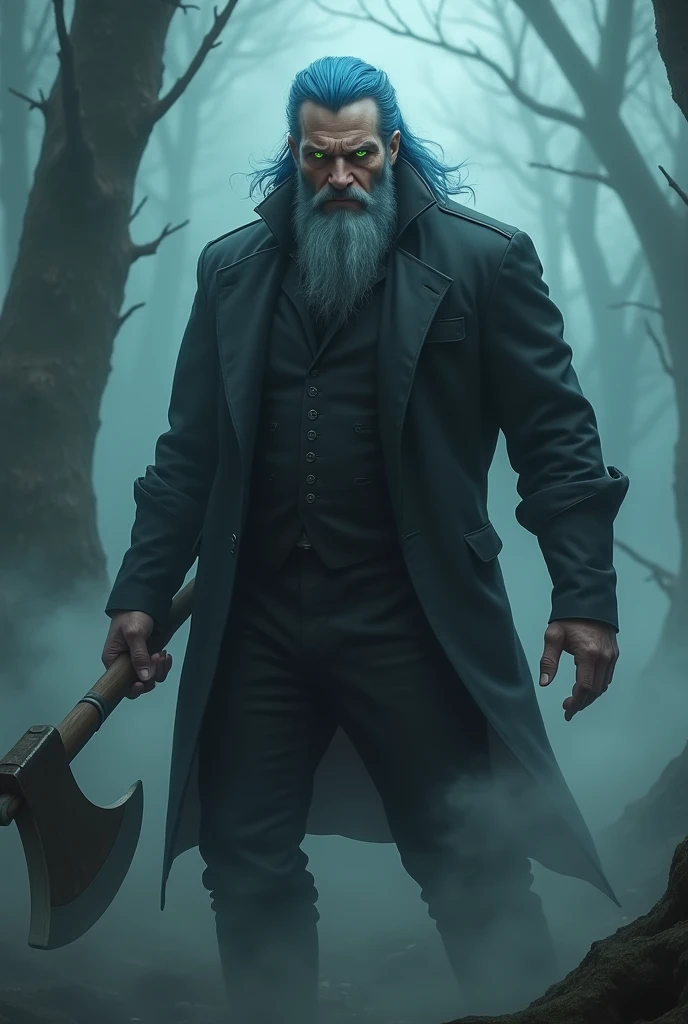 A handsome grandfather with blue hair and beard,with elegant black pants and shirt,bright green eyes,that is in a foggy forest,that has an axe,angry and scary looking and beardless and with a fancy bang