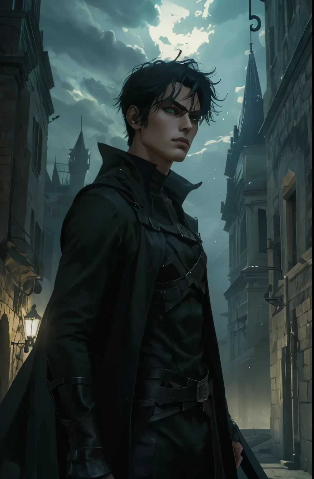 (an androgynous male assassin:1.1),wild black hair,green eyes,slim,black assassin clothing,in a castle,medium:oil painting,detailed background,moody lighting,vivid colors,dark and mysterious ambiance,ominous atmosphere
