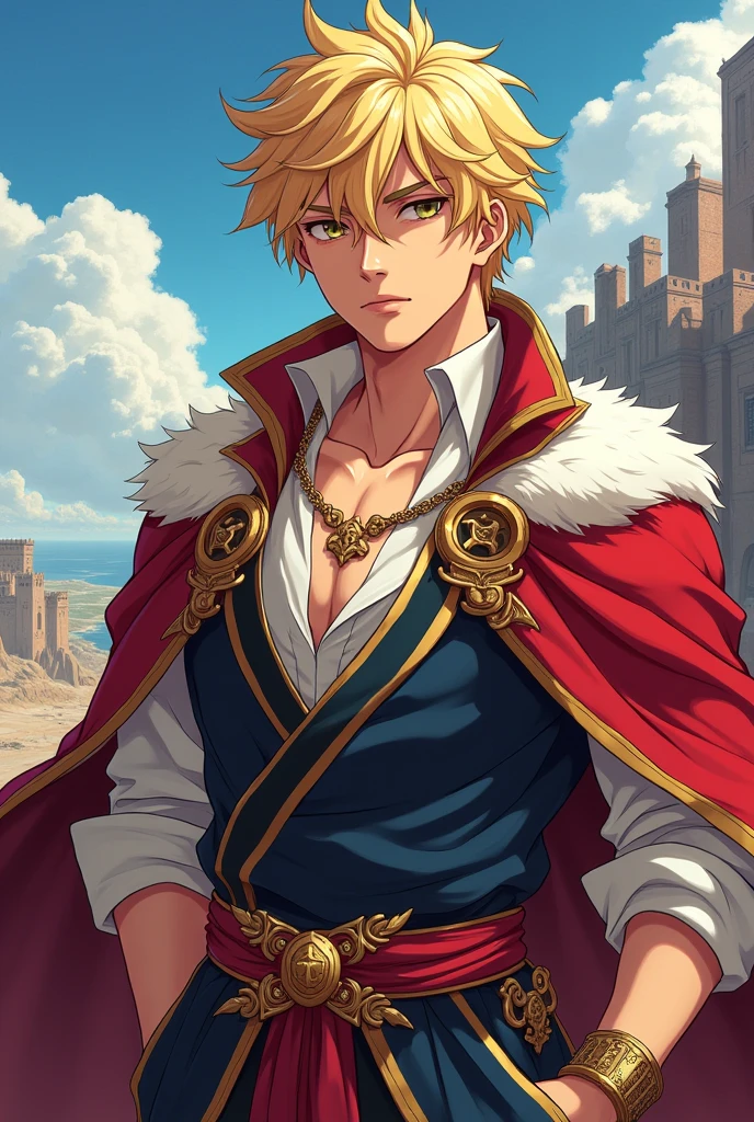 young man, Short blond hair , adult, High, strong, , Anime, Fars, Blonde eyes, dressed like a king