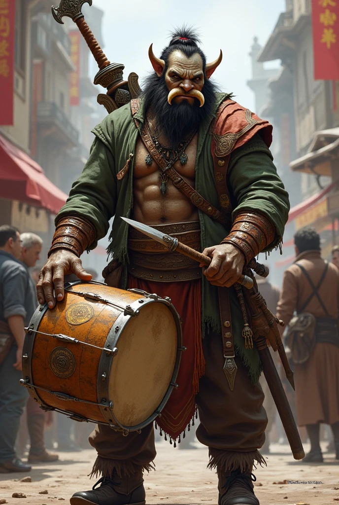half-orc bard who uses a drum has a rapier on his back and a small mace at his waist