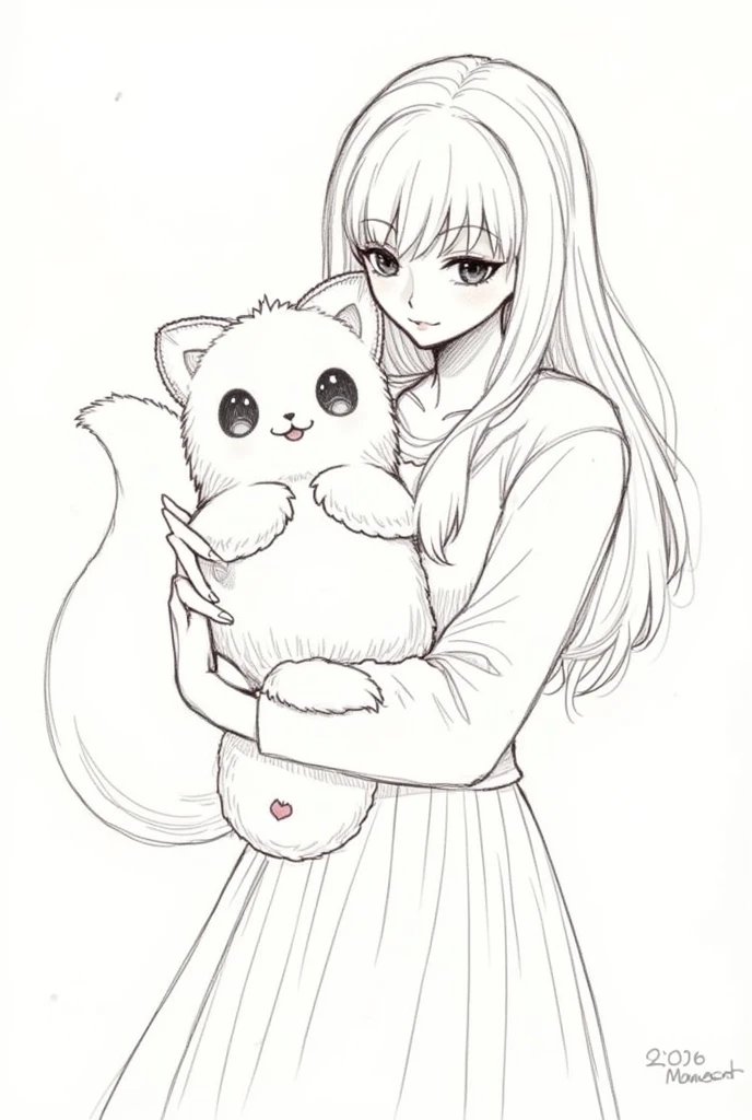 a sketch of a beautiful girl and adorable monster Wuba from monster hunters