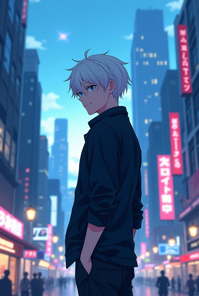 Anime of a 20 year old young man with white hair and blue eyes in the city, turning his back to the viewer