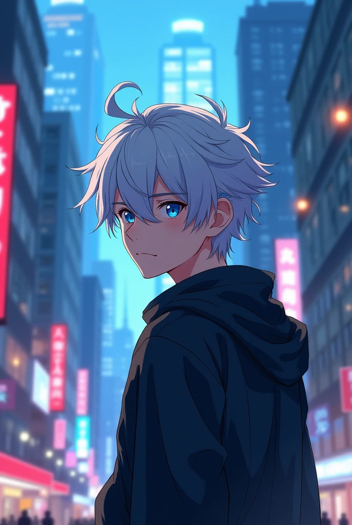 Anime of a 20 year old young man with white hair and blue eyes in the city, turning his back to the viewer