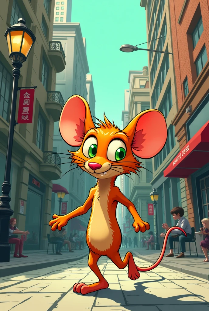 A skinny orange rat walking down the street, He has green eyes, comic book style.