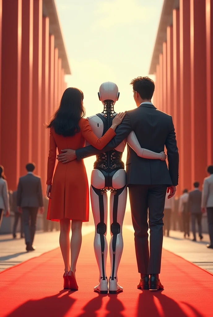 Tres personajes una mujer un hombre y en medio un prototipo de arnés automotriz echo persona abrazando a los otros dos personajes caminando sobre una alfombra roja dirijiendose al 🌏 a crear cálidas automotriz para el mundo desde japon