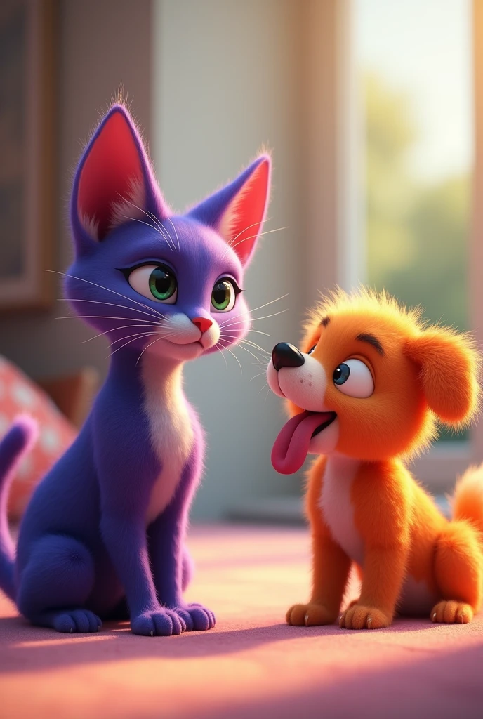 a purple cat next to an orange dog