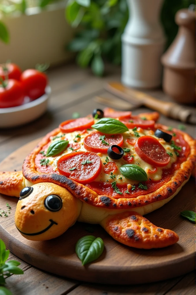 A Portuguese-flavored pizza in the shape of a turtle