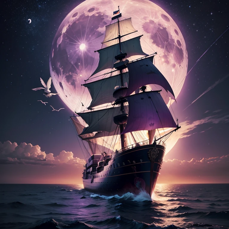 Create a moon with a purple sky and birds flying and a ship sailing