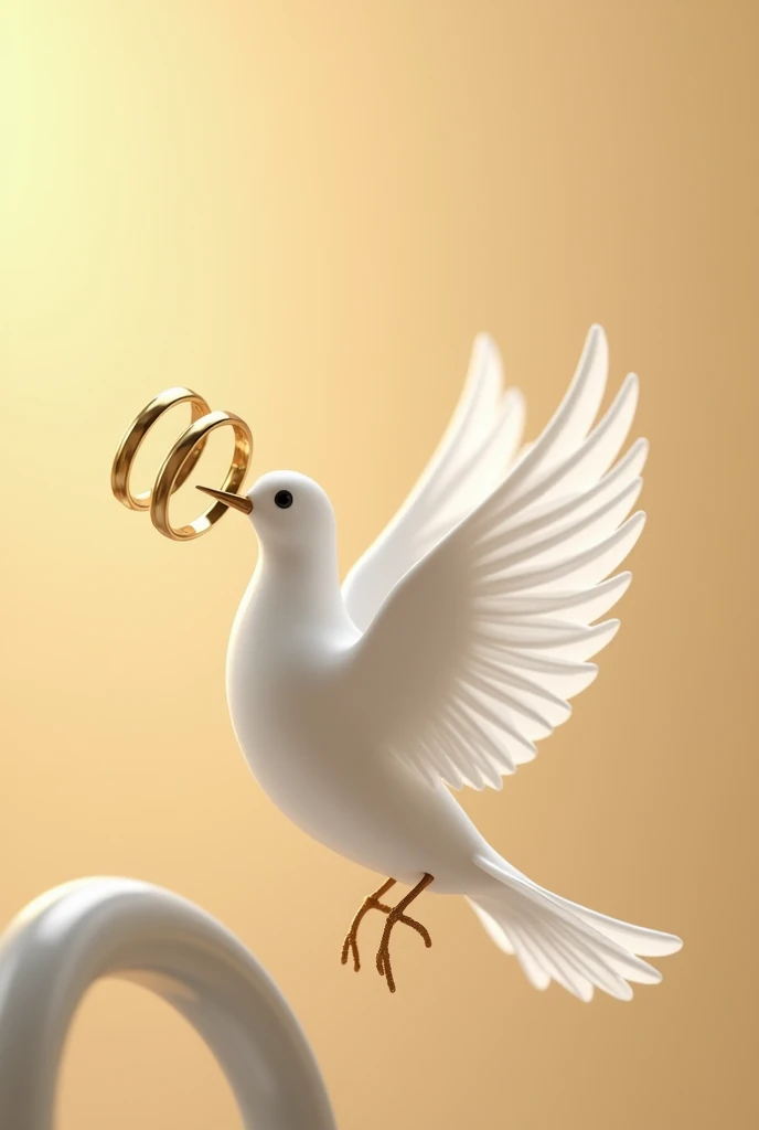 white dove of peace holding two plain gold rings, directly through the spout. golden beige background