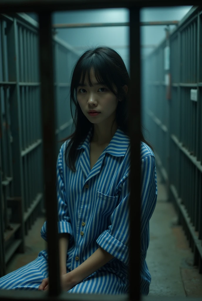 {
"prompt": "A scene featuring a beautiful Korean women wearing a long blue prisoner uniform with a number on her clothes. She does wear shoes. She is in a dimly lit solitary confinement surrounded by metal bars. The girl is wearing a striped prison uniform. The setting is a typical prison solitary confinement with a small bed, Iron-barred windows, Worn floor. The overall atmosphere is heavy、Thoughtful, The soft lighting accentuates her emotions.."
}